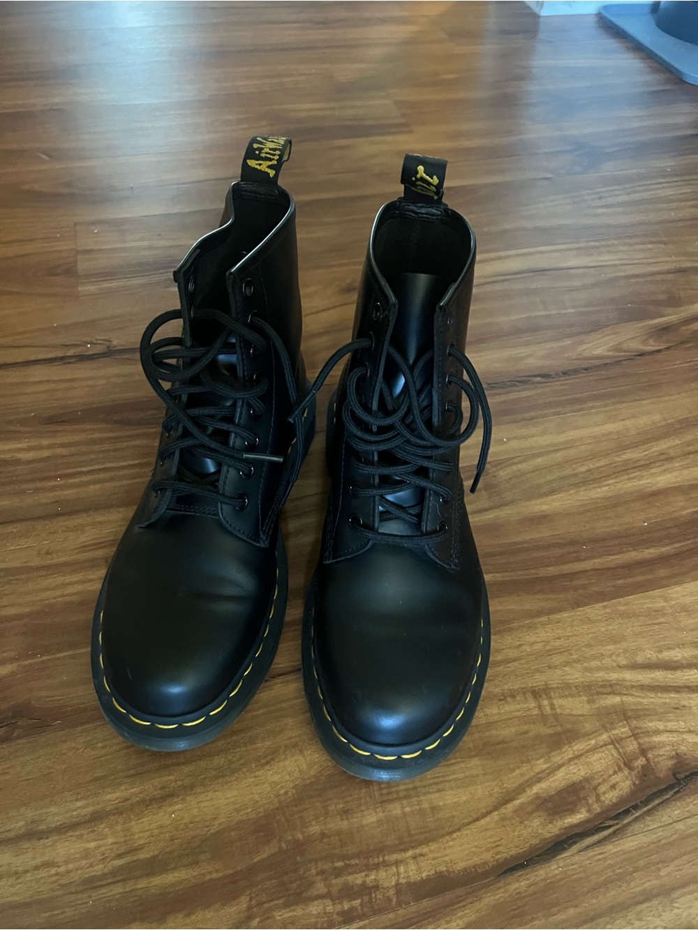 Dr. Martens Black Lace-Up Combat Boots with Yellow Stitching